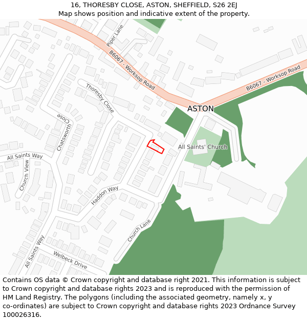 16, THORESBY CLOSE, ASTON, SHEFFIELD, S26 2EJ: Location map and indicative extent of plot