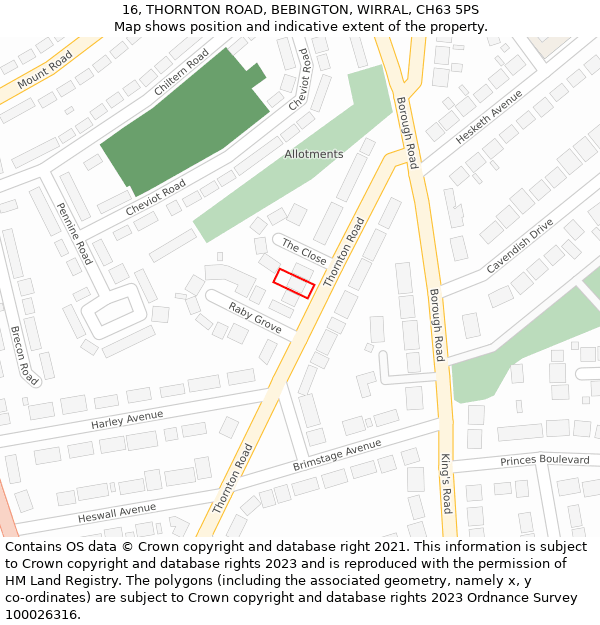 16, THORNTON ROAD, BEBINGTON, WIRRAL, CH63 5PS: Location map and indicative extent of plot