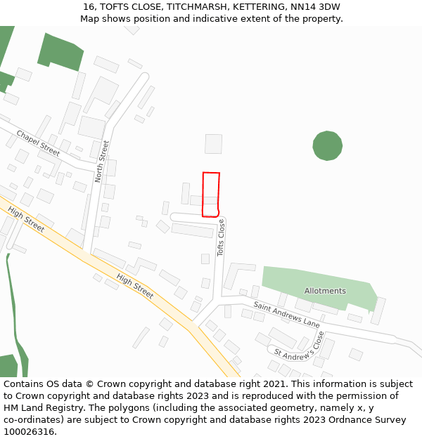 16, TOFTS CLOSE, TITCHMARSH, KETTERING, NN14 3DW: Location map and indicative extent of plot