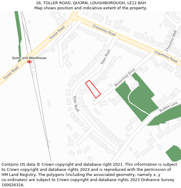 16, TOLLER ROAD, QUORN, LOUGHBOROUGH, LE12 8AH: Location map and indicative extent of plot
