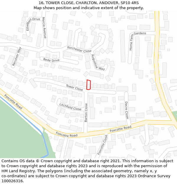 16, TOWER CLOSE, CHARLTON, ANDOVER, SP10 4RS: Location map and indicative extent of plot