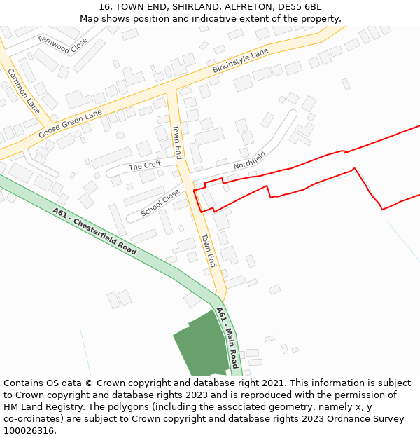 16, TOWN END, SHIRLAND, ALFRETON, DE55 6BL: Location map and indicative extent of plot