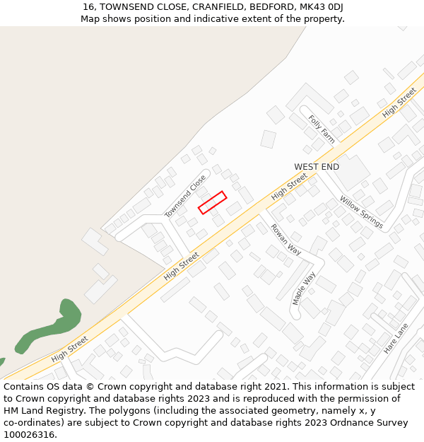 16, TOWNSEND CLOSE, CRANFIELD, BEDFORD, MK43 0DJ: Location map and indicative extent of plot