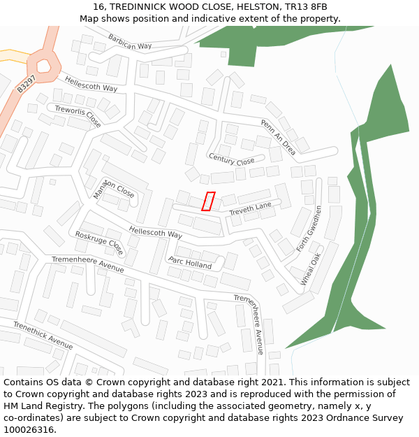 16, TREDINNICK WOOD CLOSE, HELSTON, TR13 8FB: Location map and indicative extent of plot