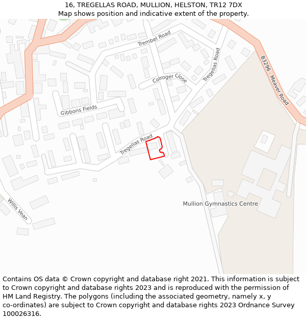 16, TREGELLAS ROAD, MULLION, HELSTON, TR12 7DX: Location map and indicative extent of plot