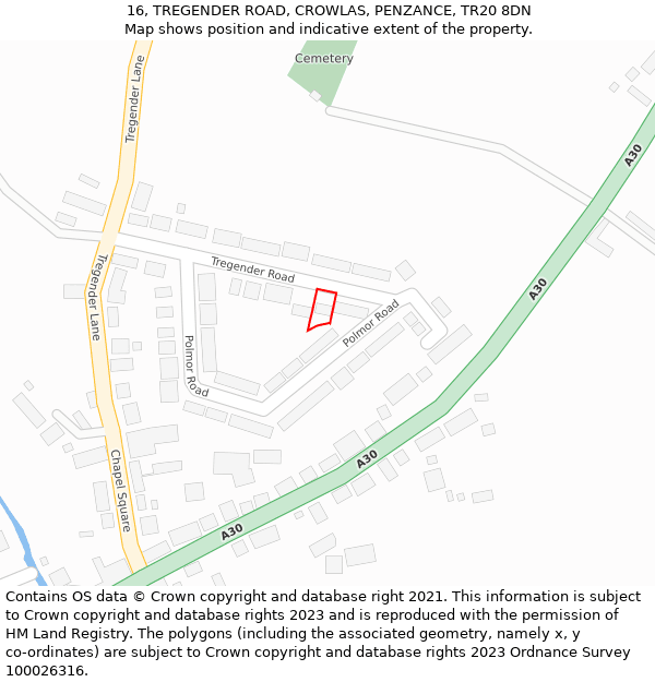 16, TREGENDER ROAD, CROWLAS, PENZANCE, TR20 8DN: Location map and indicative extent of plot