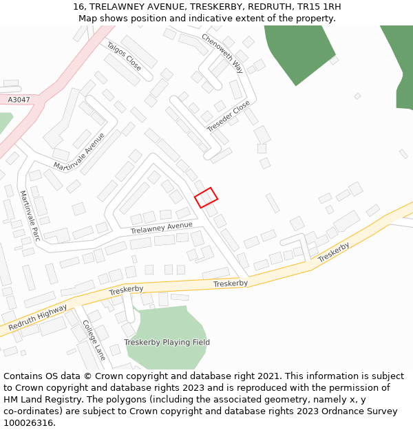 16, TRELAWNEY AVENUE, TRESKERBY, REDRUTH, TR15 1RH: Location map and indicative extent of plot