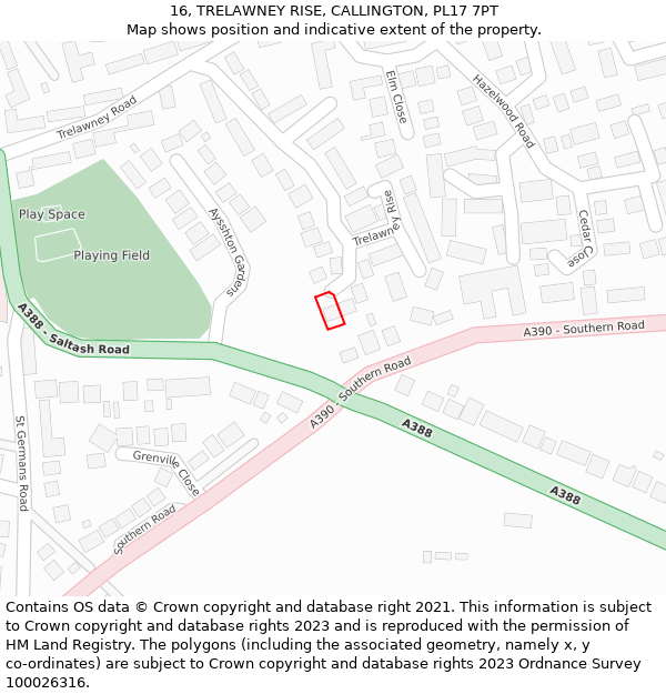 16, TRELAWNEY RISE, CALLINGTON, PL17 7PT: Location map and indicative extent of plot