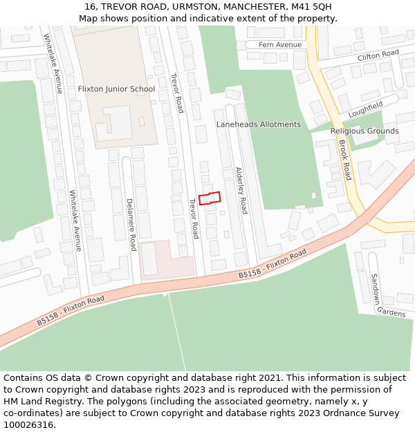 16, TREVOR ROAD, URMSTON, MANCHESTER, M41 5QH: Location map and indicative extent of plot