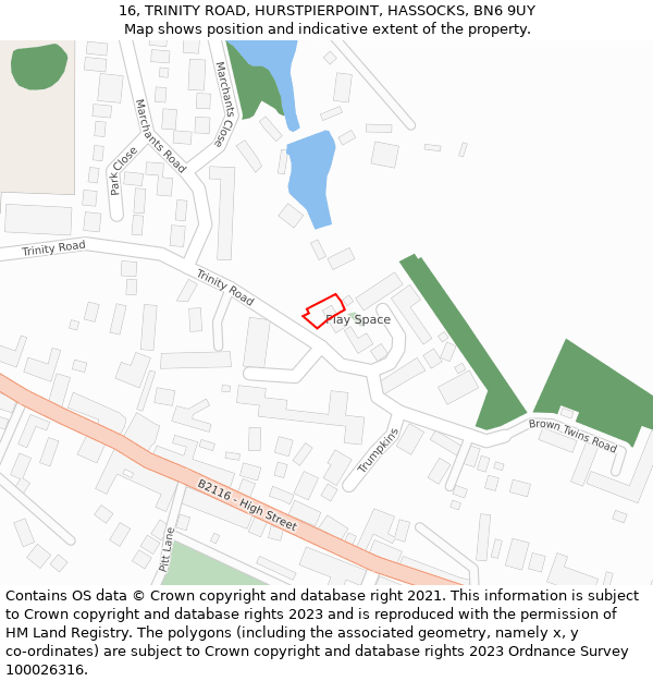 16, TRINITY ROAD, HURSTPIERPOINT, HASSOCKS, BN6 9UY: Location map and indicative extent of plot