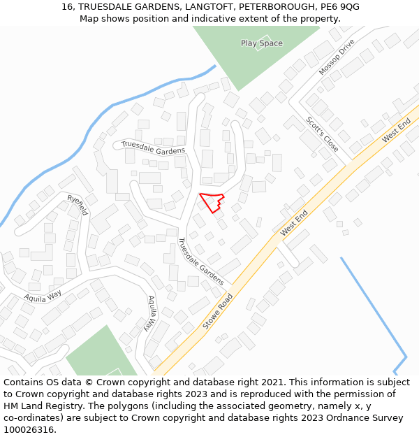 16, TRUESDALE GARDENS, LANGTOFT, PETERBOROUGH, PE6 9QG: Location map and indicative extent of plot