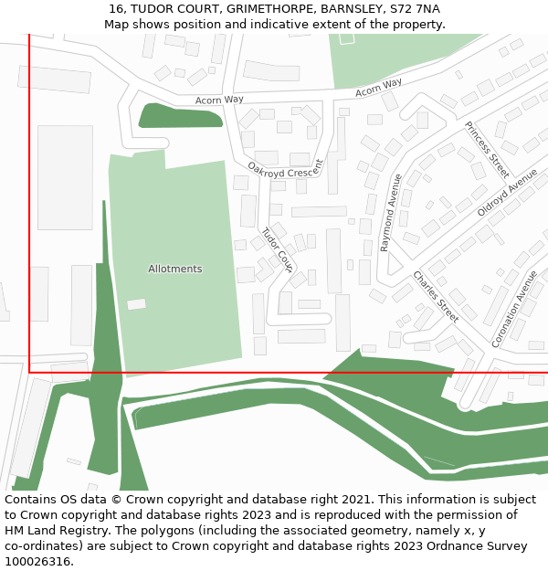 16, TUDOR COURT, GRIMETHORPE, BARNSLEY, S72 7NA: Location map and indicative extent of plot