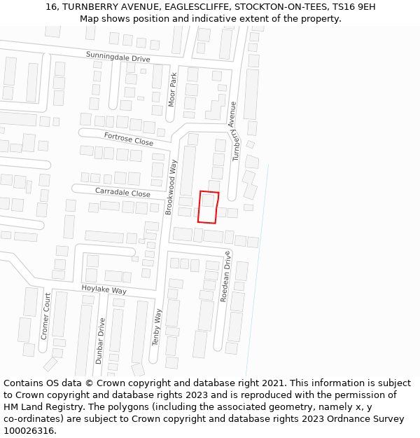 16, TURNBERRY AVENUE, EAGLESCLIFFE, STOCKTON-ON-TEES, TS16 9EH: Location map and indicative extent of plot