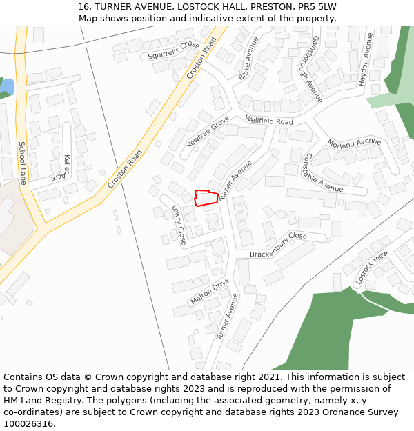 16, TURNER AVENUE, LOSTOCK HALL, PRESTON, PR5 5LW: Location map and indicative extent of plot