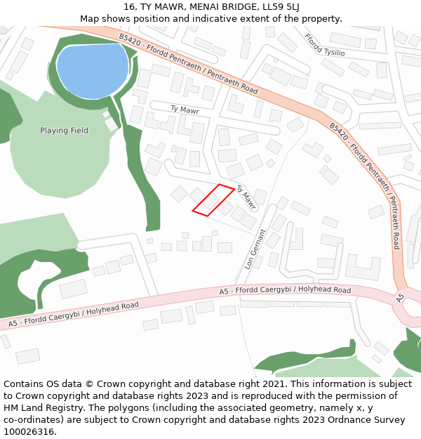 16, TY MAWR, MENAI BRIDGE, LL59 5LJ: Location map and indicative extent of plot