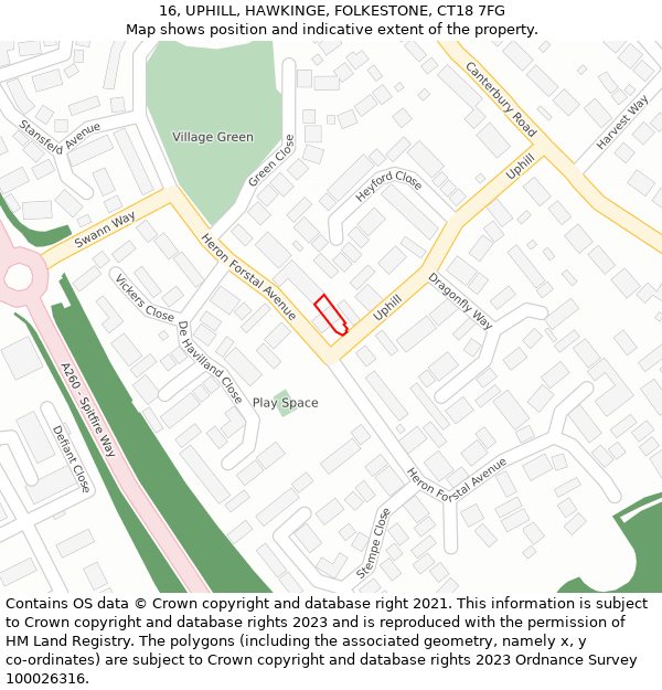 16, UPHILL, HAWKINGE, FOLKESTONE, CT18 7FG: Location map and indicative extent of plot