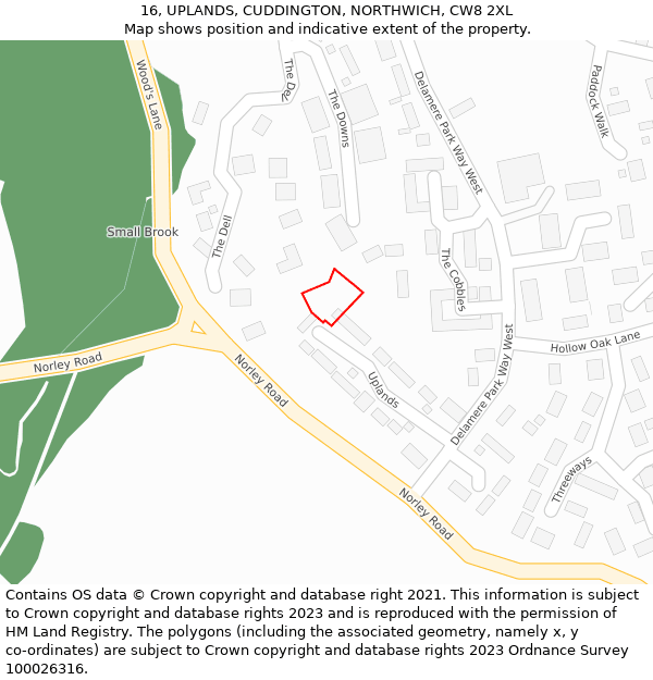 16, UPLANDS, CUDDINGTON, NORTHWICH, CW8 2XL: Location map and indicative extent of plot