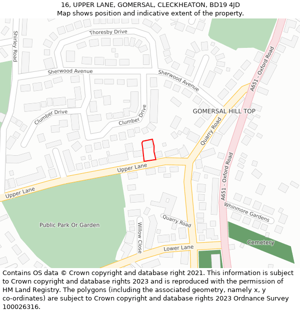 16, UPPER LANE, GOMERSAL, CLECKHEATON, BD19 4JD: Location map and indicative extent of plot