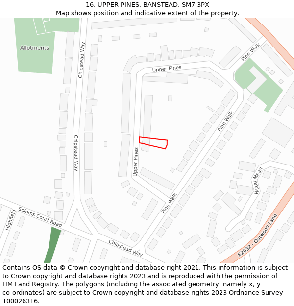 16, UPPER PINES, BANSTEAD, SM7 3PX: Location map and indicative extent of plot