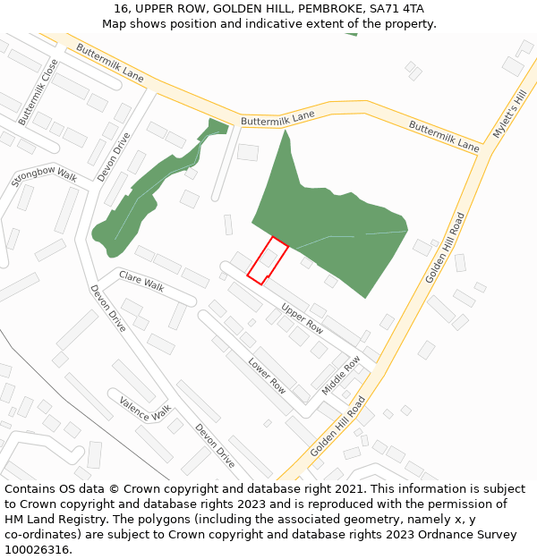 16, UPPER ROW, GOLDEN HILL, PEMBROKE, SA71 4TA: Location map and indicative extent of plot