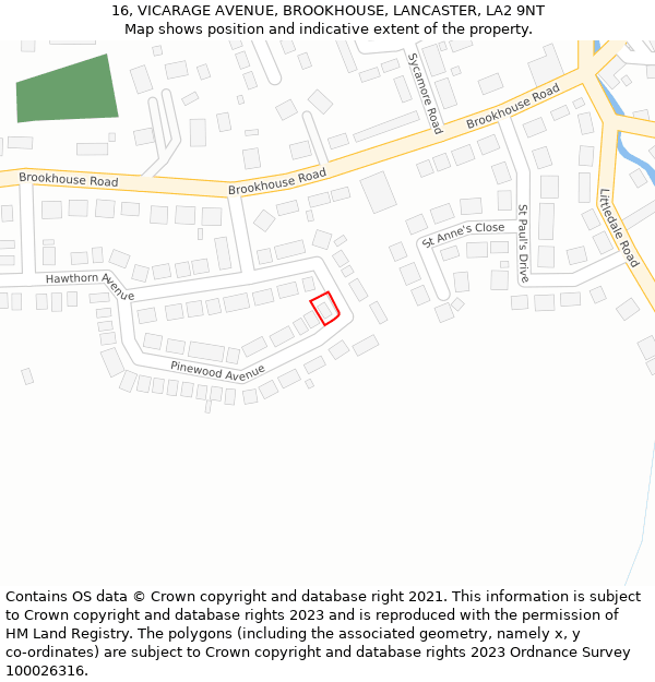 16, VICARAGE AVENUE, BROOKHOUSE, LANCASTER, LA2 9NT: Location map and indicative extent of plot