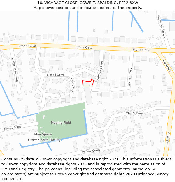 16, VICARAGE CLOSE, COWBIT, SPALDING, PE12 6XW: Location map and indicative extent of plot