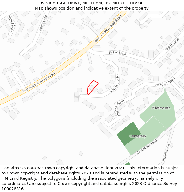 16, VICARAGE DRIVE, MELTHAM, HOLMFIRTH, HD9 4JE: Location map and indicative extent of plot