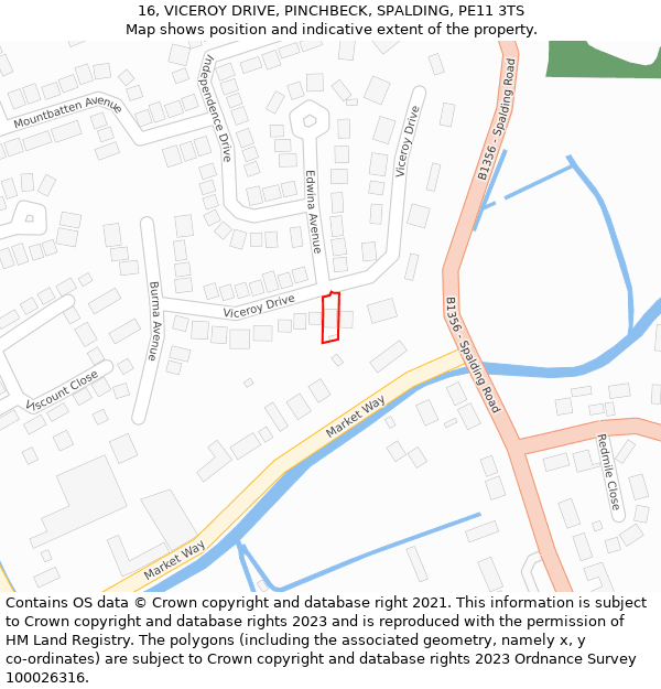 16, VICEROY DRIVE, PINCHBECK, SPALDING, PE11 3TS: Location map and indicative extent of plot