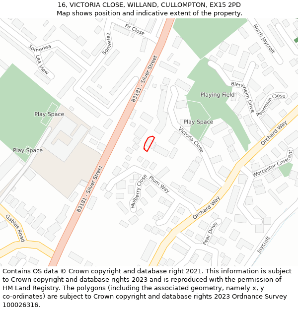 16, VICTORIA CLOSE, WILLAND, CULLOMPTON, EX15 2PD: Location map and indicative extent of plot