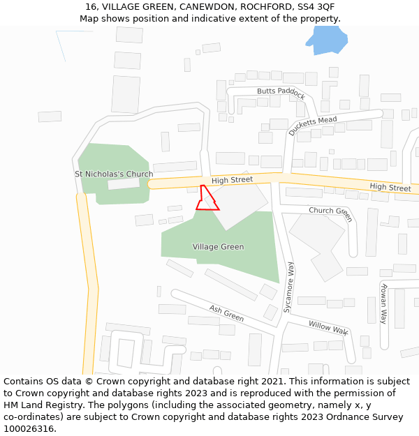 16, VILLAGE GREEN, CANEWDON, ROCHFORD, SS4 3QF: Location map and indicative extent of plot