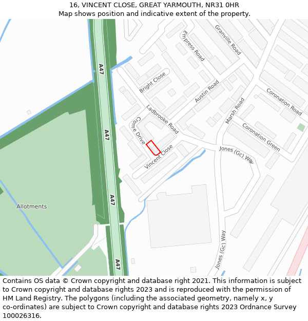 16, VINCENT CLOSE, GREAT YARMOUTH, NR31 0HR: Location map and indicative extent of plot