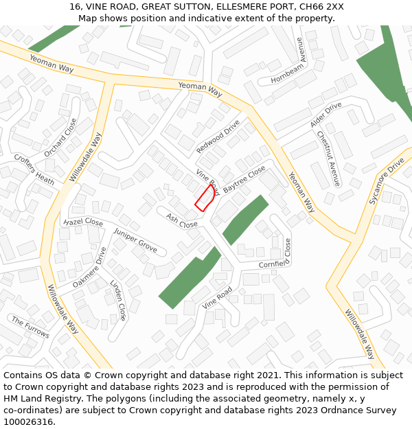 16, VINE ROAD, GREAT SUTTON, ELLESMERE PORT, CH66 2XX: Location map and indicative extent of plot