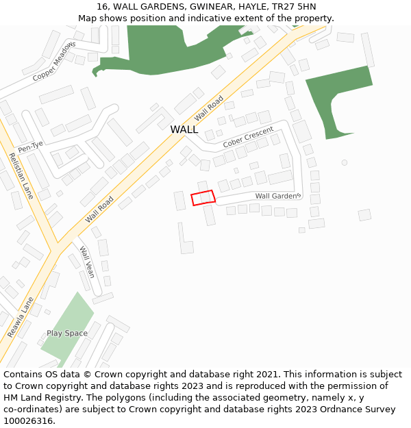 16, WALL GARDENS, GWINEAR, HAYLE, TR27 5HN: Location map and indicative extent of plot