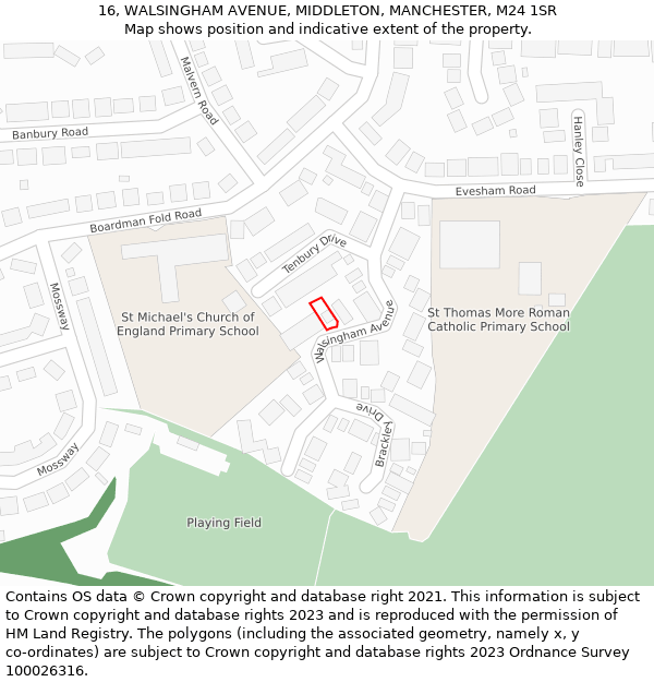 16, WALSINGHAM AVENUE, MIDDLETON, MANCHESTER, M24 1SR: Location map and indicative extent of plot