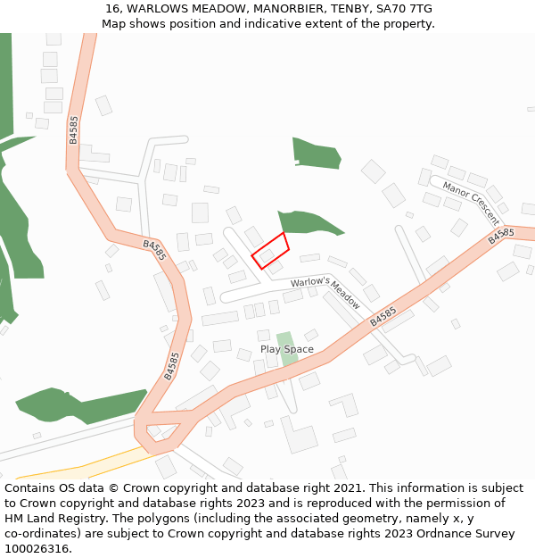 16, WARLOWS MEADOW, MANORBIER, TENBY, SA70 7TG: Location map and indicative extent of plot