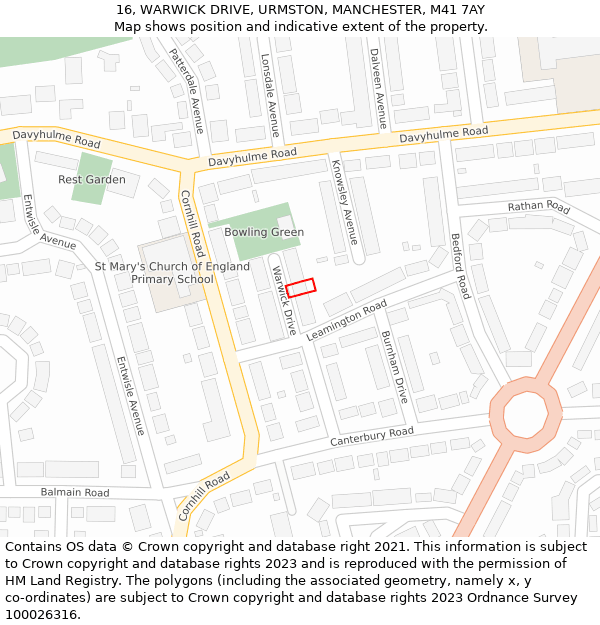 16, WARWICK DRIVE, URMSTON, MANCHESTER, M41 7AY: Location map and indicative extent of plot