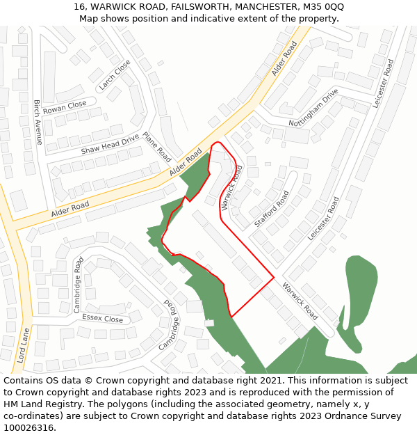 16, WARWICK ROAD, FAILSWORTH, MANCHESTER, M35 0QQ: Location map and indicative extent of plot