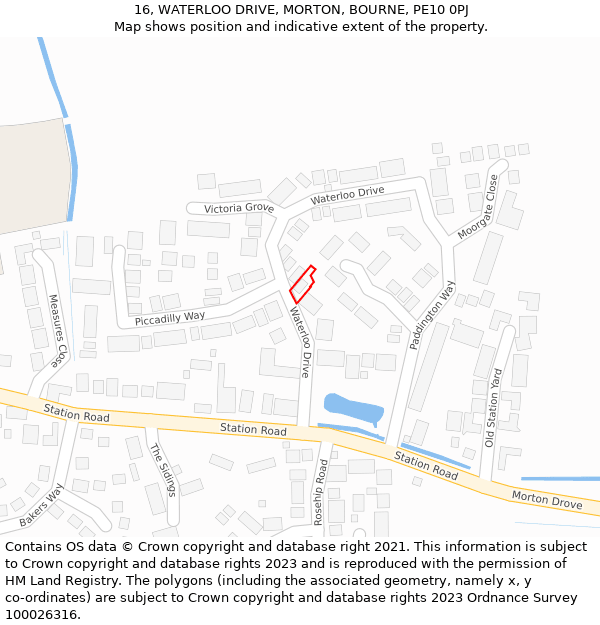 16, WATERLOO DRIVE, MORTON, BOURNE, PE10 0PJ: Location map and indicative extent of plot