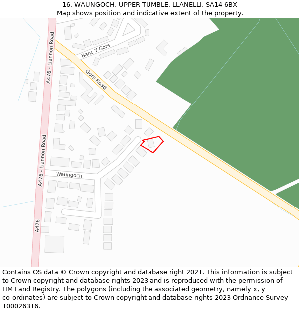 16, WAUNGOCH, UPPER TUMBLE, LLANELLI, SA14 6BX: Location map and indicative extent of plot