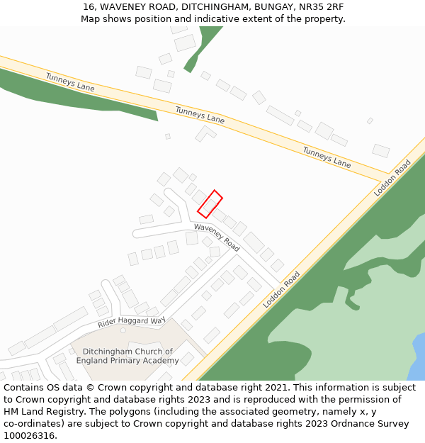 16, WAVENEY ROAD, DITCHINGHAM, BUNGAY, NR35 2RF: Location map and indicative extent of plot