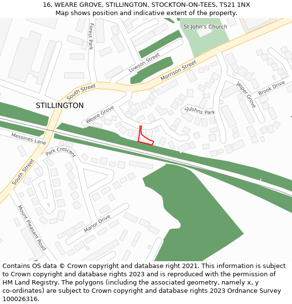 16, WEARE GROVE, STILLINGTON, STOCKTON-ON-TEES, TS21 1NX: Location map and indicative extent of plot