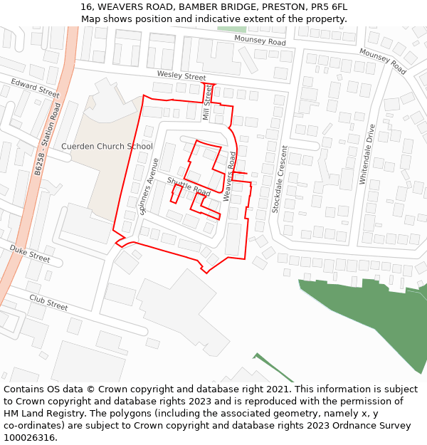 16, WEAVERS ROAD, BAMBER BRIDGE, PRESTON, PR5 6FL: Location map and indicative extent of plot