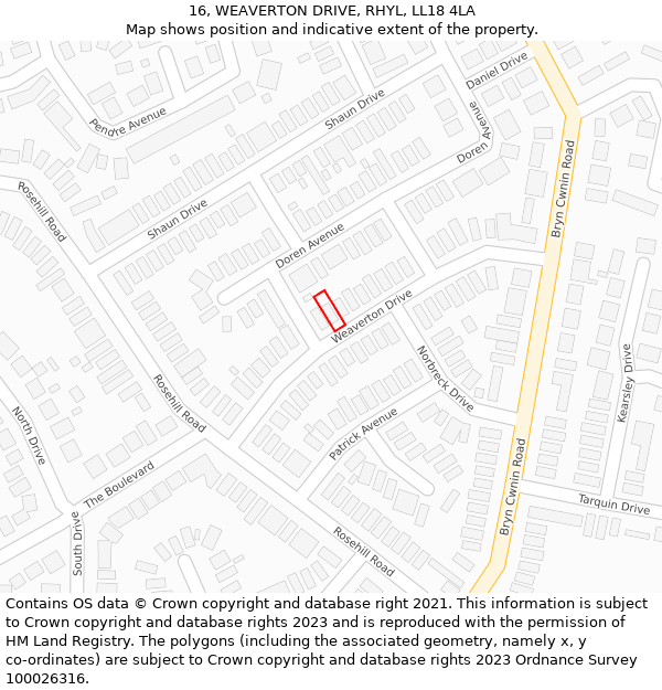 16, WEAVERTON DRIVE, RHYL, LL18 4LA: Location map and indicative extent of plot