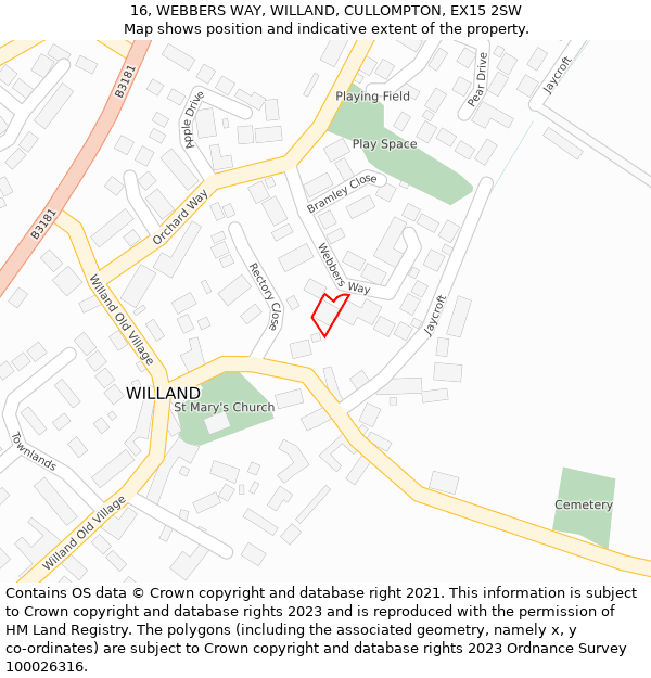 16, WEBBERS WAY, WILLAND, CULLOMPTON, EX15 2SW: Location map and indicative extent of plot