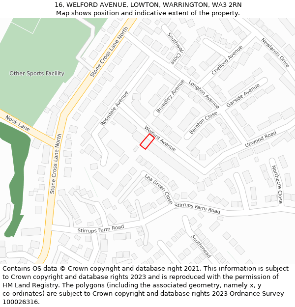 16, WELFORD AVENUE, LOWTON, WARRINGTON, WA3 2RN: Location map and indicative extent of plot