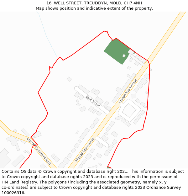 16, WELL STREET, TREUDDYN, MOLD, CH7 4NH: Location map and indicative extent of plot