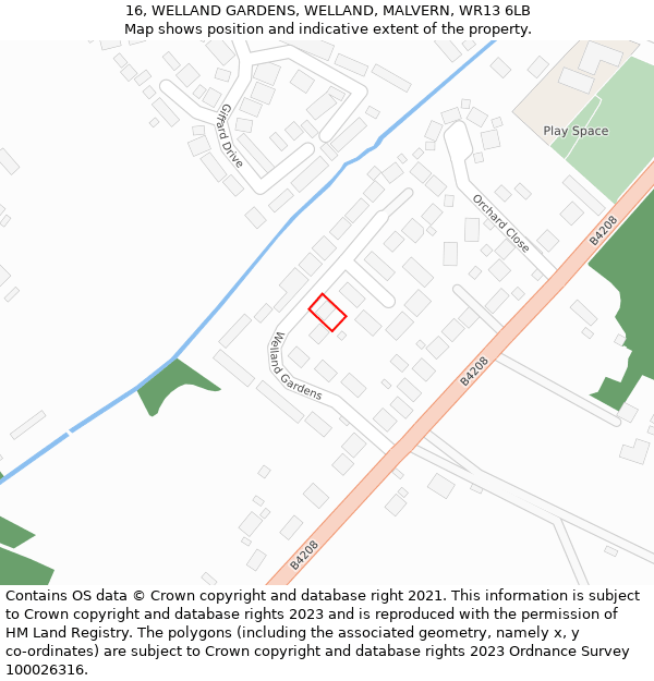 16, WELLAND GARDENS, WELLAND, MALVERN, WR13 6LB: Location map and indicative extent of plot