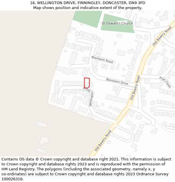 16, WELLINGTON DRIVE, FINNINGLEY, DONCASTER, DN9 3FD: Location map and indicative extent of plot