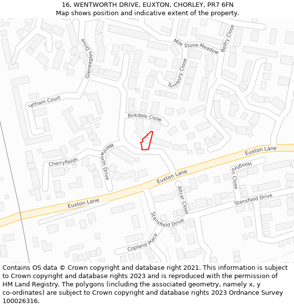 16, WENTWORTH DRIVE, EUXTON, CHORLEY, PR7 6FN: Location map and indicative extent of plot