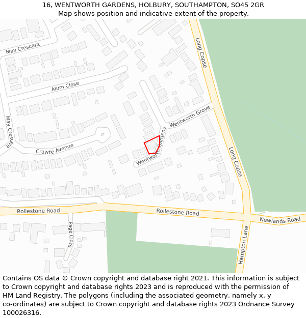 16, WENTWORTH GARDENS, HOLBURY, SOUTHAMPTON, SO45 2GR: Location map and indicative extent of plot